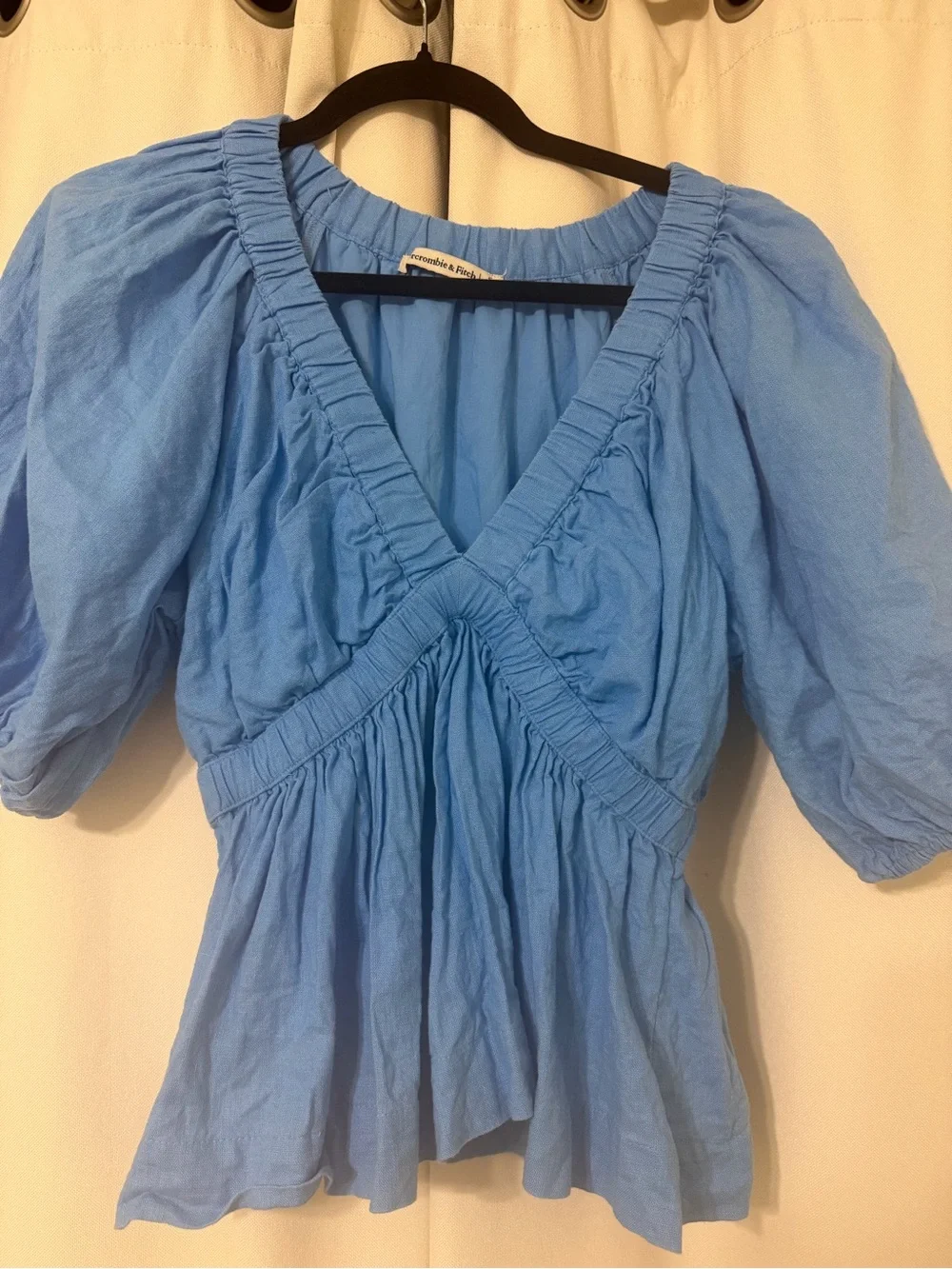 Abercrombie & Fitch Blue Puff-Sleeve Plunge V-Neck Linen Blend Peplum Top S